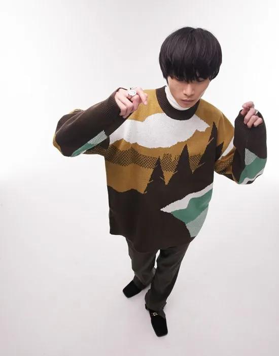 scenic print sweater in brown