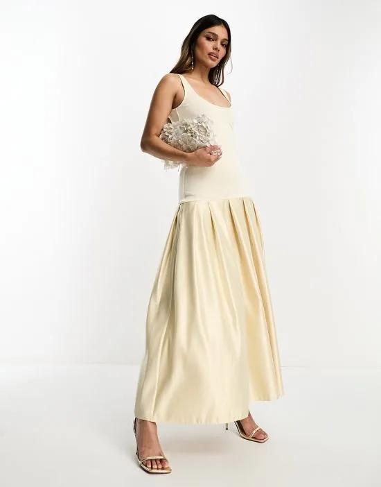 scoop neck drop waist midi dress with satin skirt in champagne