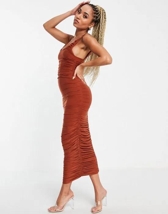 scoop neck ruched maxi dress in rust