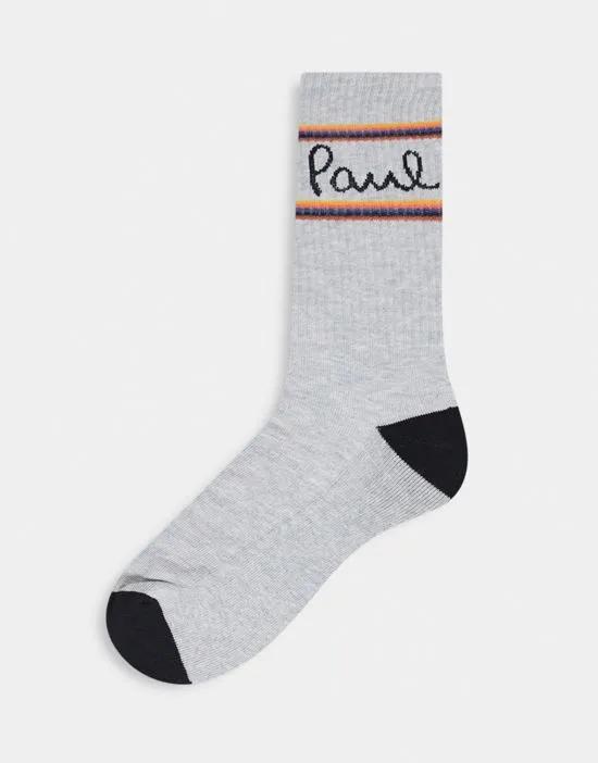 script logo socks in light gray