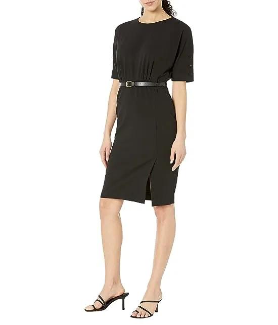 Scuba Crepe Dress with Belt and Sleeve Button Detail