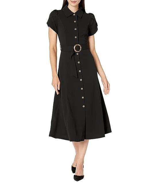 Scuba Crepe Dress with Ruffle Skirt and Tie Belt