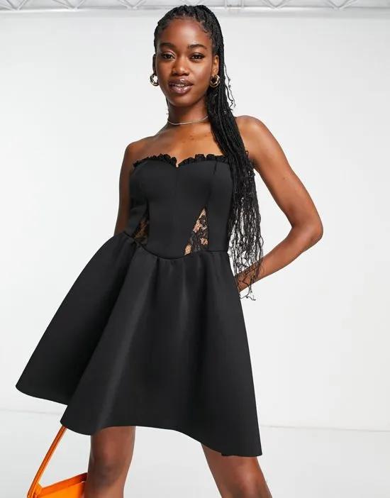 scuba lace trim bandeau mini dress in black