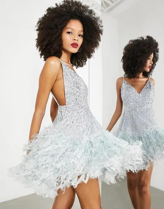 sequin cami mini dress with faux feather hem in ice blue