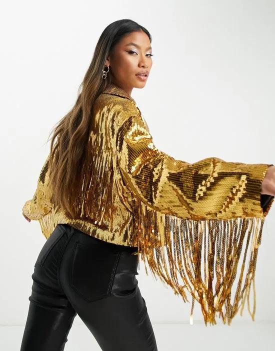 sequin fringe jacket in gold