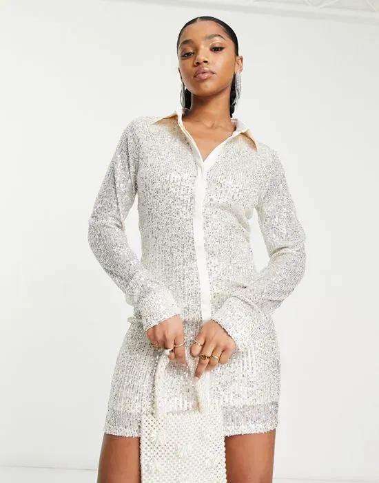 sequin mini shirt dress in silver