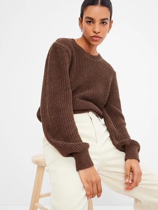 Shaker-Stitch Balloon Sleeve Sweater