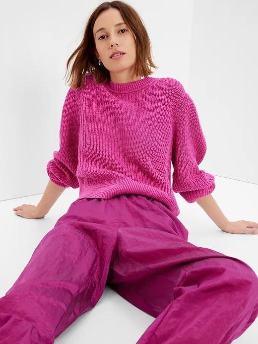 Shaker-Stitch Balloon Sleeve Sweater