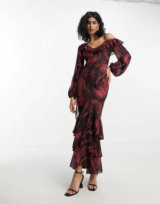 sheer ruffle strap maxi dress in red floral