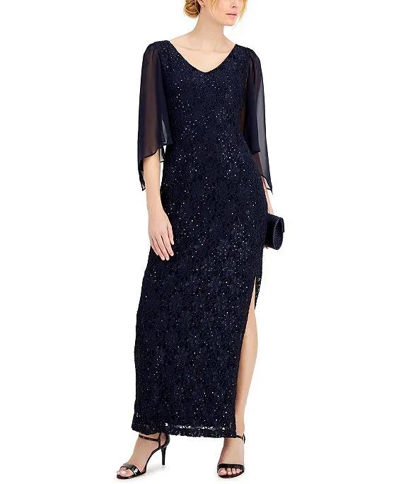 Sheer-Sleeve Lace Gown