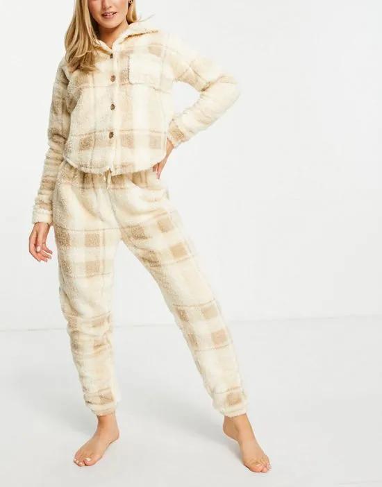 sherpa check shacket and sweatpants set in cream