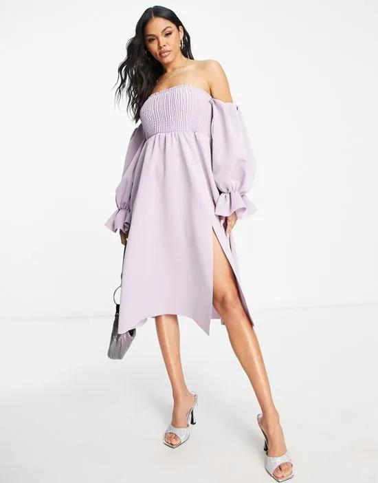 shirred bardot blouson sleeve prom midi dress in lilac