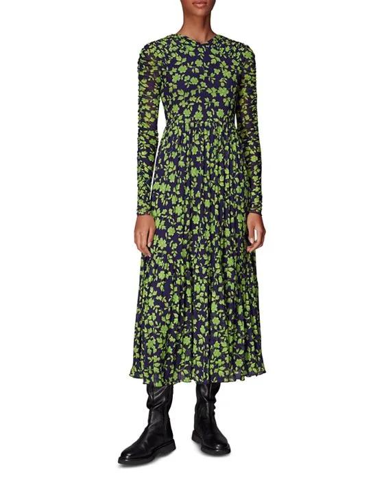 Shirred Floral Print Midi Dress