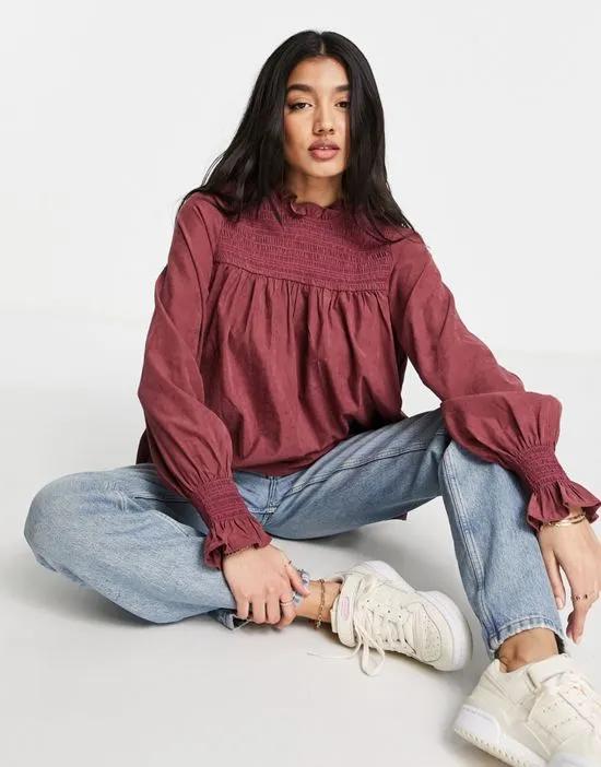 shirred high neck blouse in red