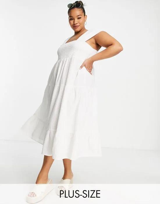shirred midi dress in white