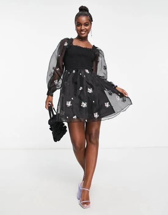 shirred organza mini dress with embroidery in black