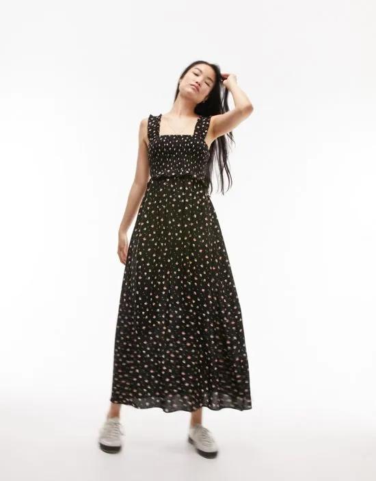 shirred pinafore midi dress in black and red rose