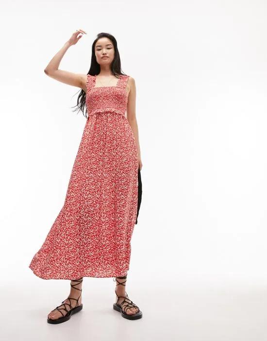 shirred pinny midi dress in red floral