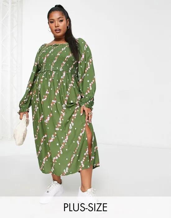 shirred square neck midi floral dress with side slit in khaki