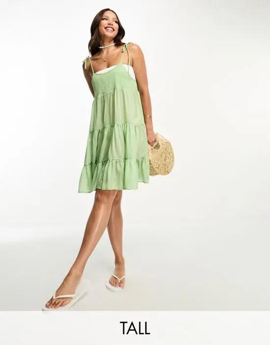 shirred strappy beach mini dress in sage green