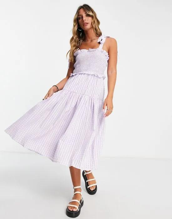shirred tie strap midi dress in lavender plaid