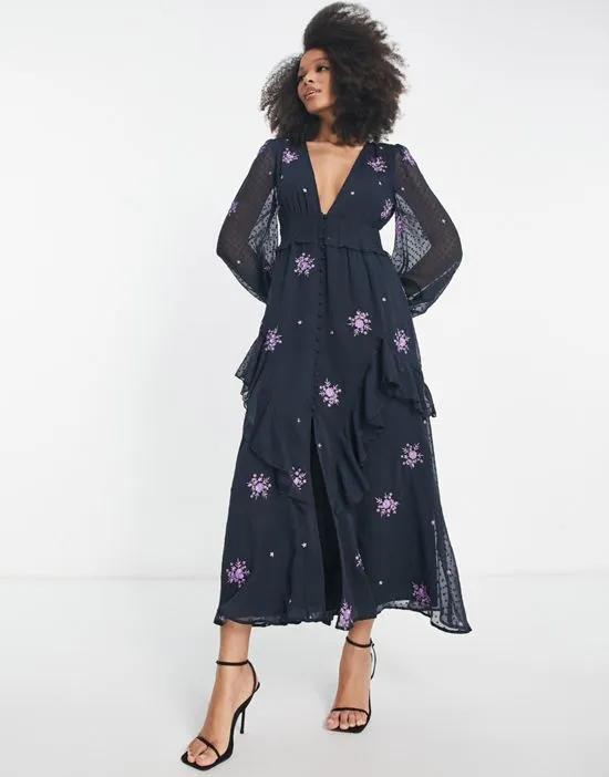 shirred waist button up midi tea dress with all over embroidery in charcoal and purple