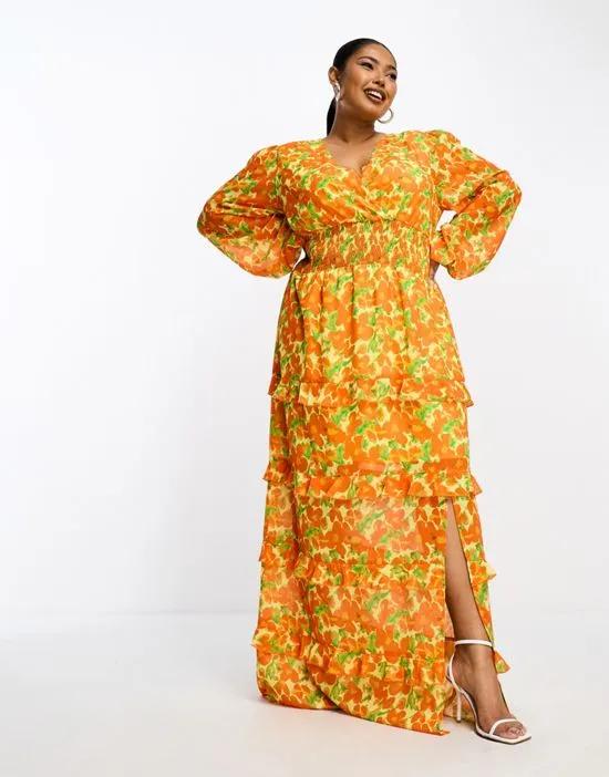 shirred waist maxi dress in orange and yellow floral