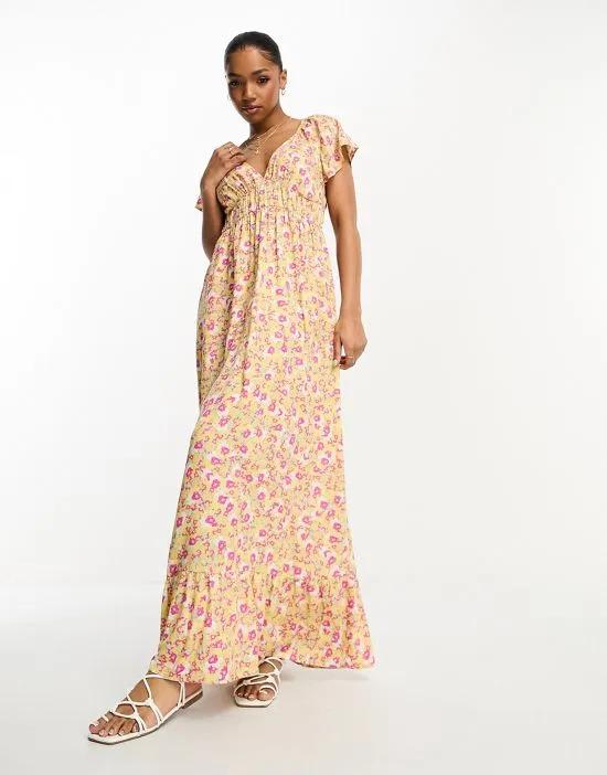 shirred waist maxi dress in yellow floral print