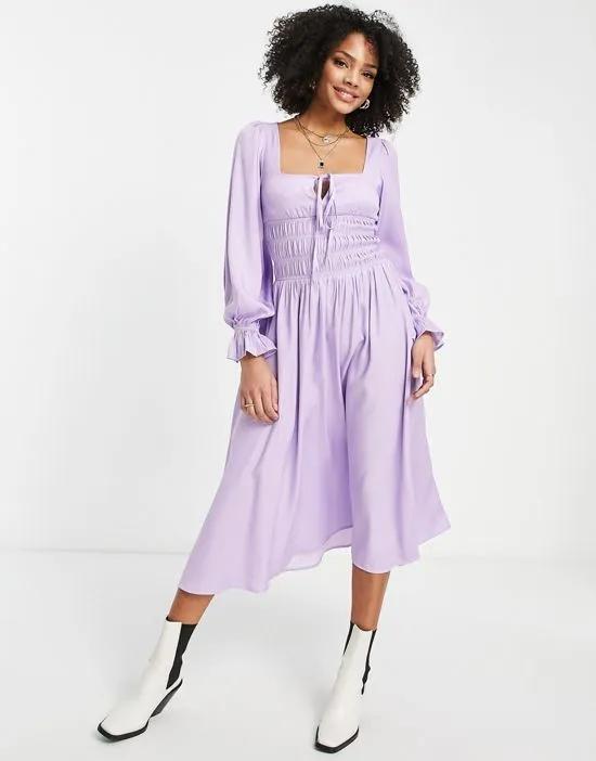 shirred waist midi dress in lilac