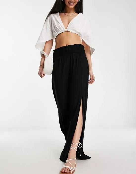 shirred waist split maxi skirt in black