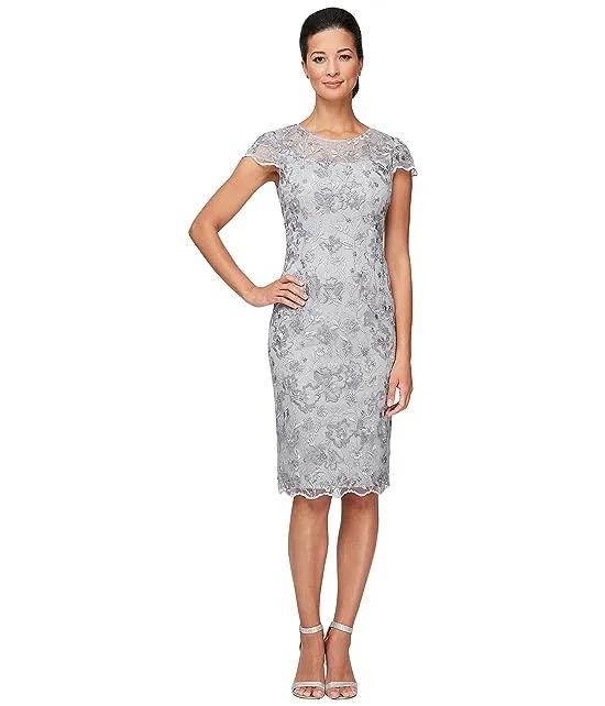 Short Embroidered Sheath Dress with Illusion Neckline and Scallop Detail
