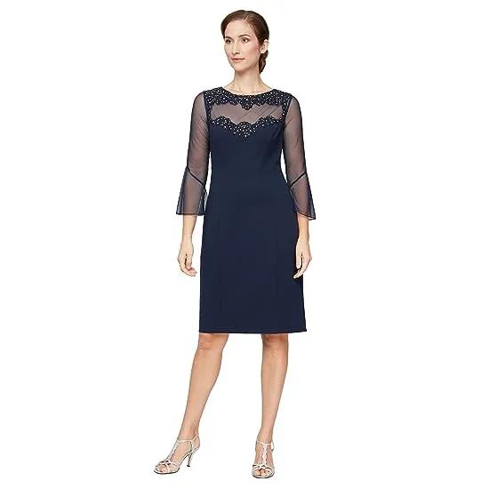 Short Sheath Dress with Embroidered and Embellished Illusion Neckline and Bell Sleeves