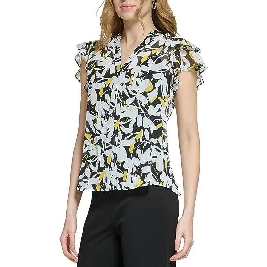 Short Sleeve Button Front Pleated Blouse