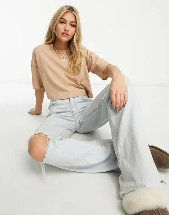 short sleeve cropped oversized boxy t shirt with seam detail in sand