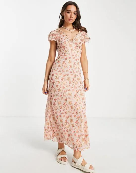 short sleeve frill detail maxi dress in peach floral