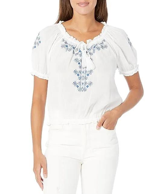 Short Sleeve Geo Embroidered Peasant Top