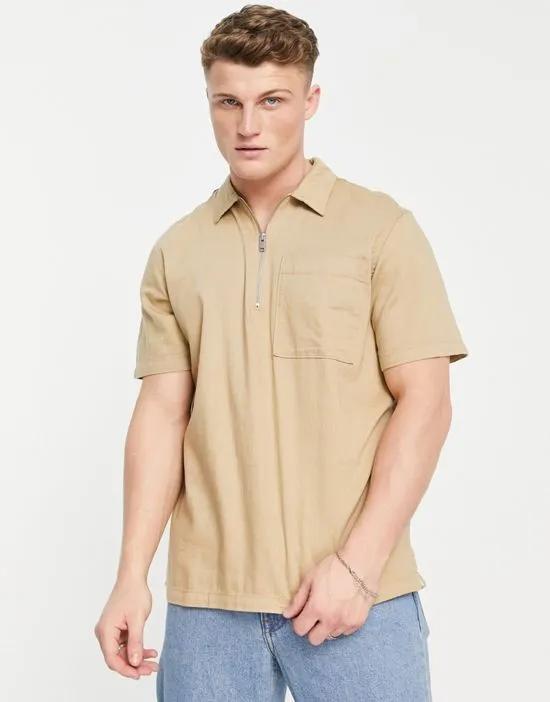 short sleeve half zip shirt in sand