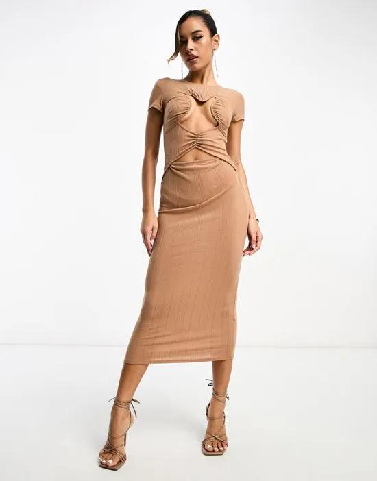 short sleeve midi dress with cut out bodice in taupe