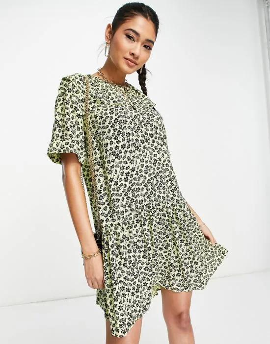 short sleeve mini dress with ruffle hem in ditsy floral