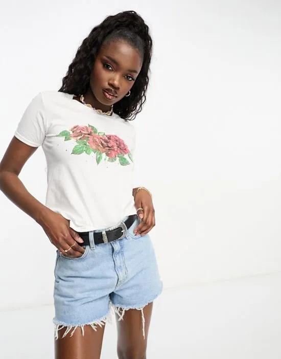short sleeve T-shirt with hot fix rose print in white