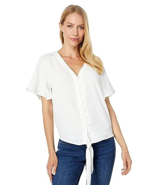 Short Sleeve Tie Front Button-Down Blouse