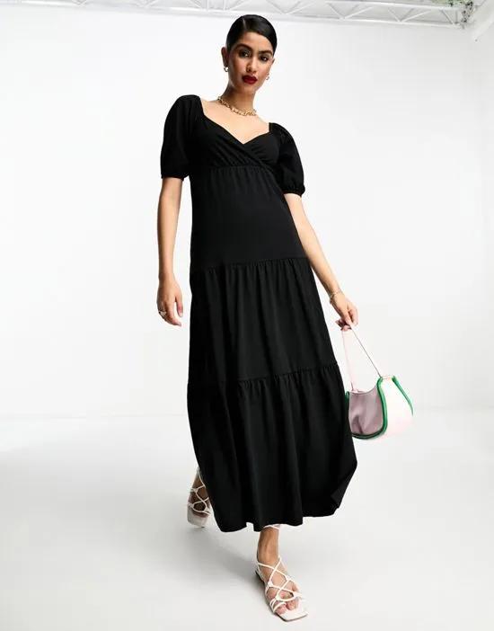 short sleeve wrap tiered midi dress in black