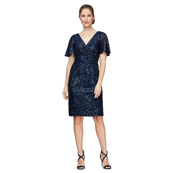 Short Surplice Neckline Dress with Knot Front Detail and Flutter Sleeves