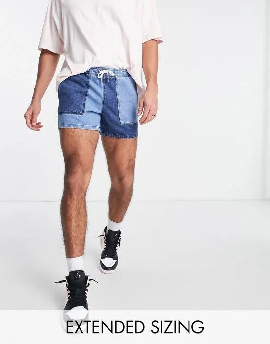 shorter length denim shorts in contrast blue with elasticated waist