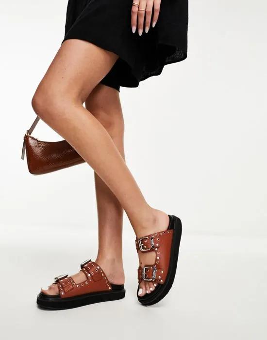 Siana slide sandals with studs in tan leather