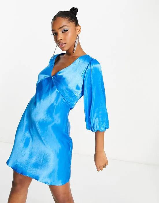 Sierra puff sleeve satin mini dress in blue