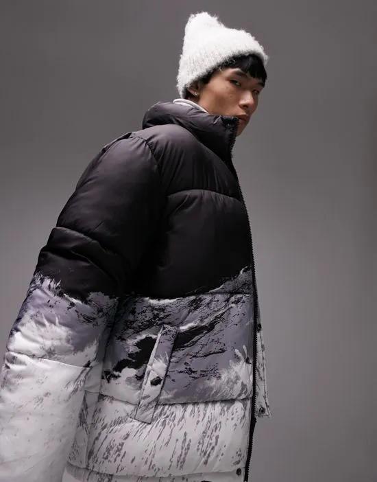 signature puffer jacket with mountain scene print in black
