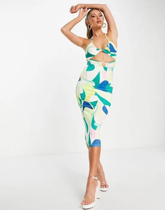 Simmi cut out waist midi body-conscious dress in green multi swirl print