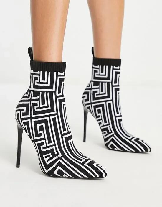 Simmi London Anusha stiletto heel sock boots in mono print
