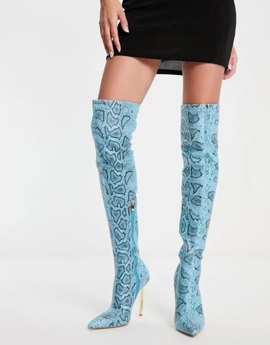 Simmi London Duke stiletto heel over the knee boots in blue snake print